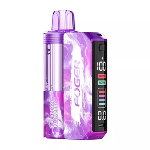 A Foger vape device in a purple and white marbled pattern, labeled 'Blackberry Blueberry' on the side, with a digital display on the front showing battery levels.