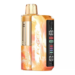 A Foger vape device in a metallic orange and gold flame pattern, featuring a transparent tank, a gold mouthpiece, and a black digital display screen on the side.