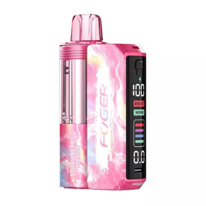 A pink Foger vape device with a marbled pink and white pattern, a clear mouthpiece, and a black digital display screen on the side.